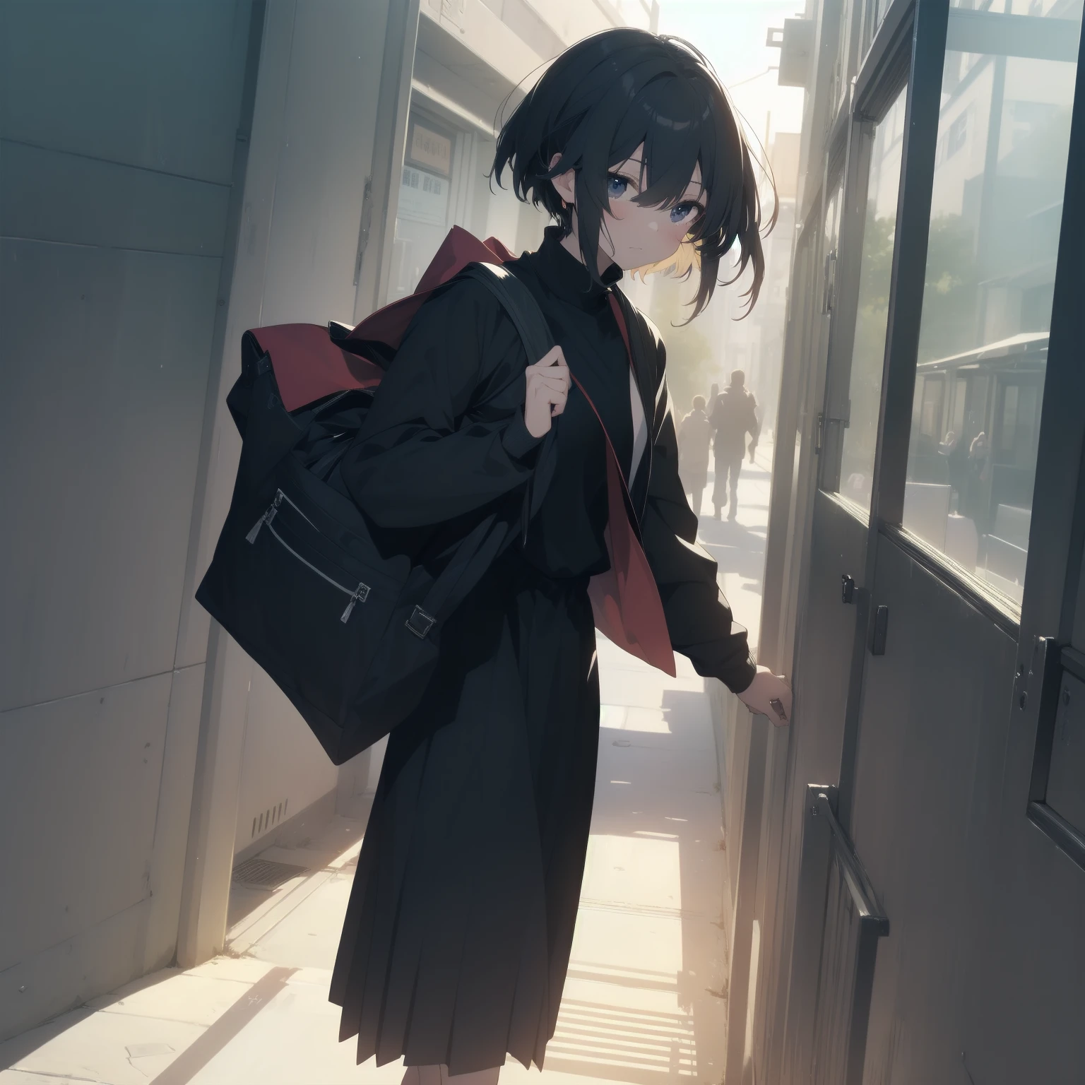 ultra-absurdres-Top quality by artist God, ultra-detailed, high resolution, anime moe artstyle, best anime 8k konachan wallpaper, pixiv contest winner, pool:2810, perfect anatomy,break, 1girl, (Please draw a girl walking sleepily to school alone. )break,(Solo,little female, 13-year-old:1.3),Full limbs, complete fingers,a junior high school student, (very short hair), short cut, flat chest, , small butt, small black eyes, beautiful detailed eyes, well-proportioned iris and pupils, expressive eyes, highres detailed hair, soft expression, salor school_uniform, sailor collar, serahuku, bow, pleated skirt,(Detailed Lighting), (Detailed background), in the School commute route. break,super detailed skin, Best cinematic lighting powered by famous artist, 8k,beauty illustration,photoshop_(medium),very aesthetic,break,((artist:zen_(kamuro) )), artist:clamp ,artist:carnelian ,artist:kantoku ,