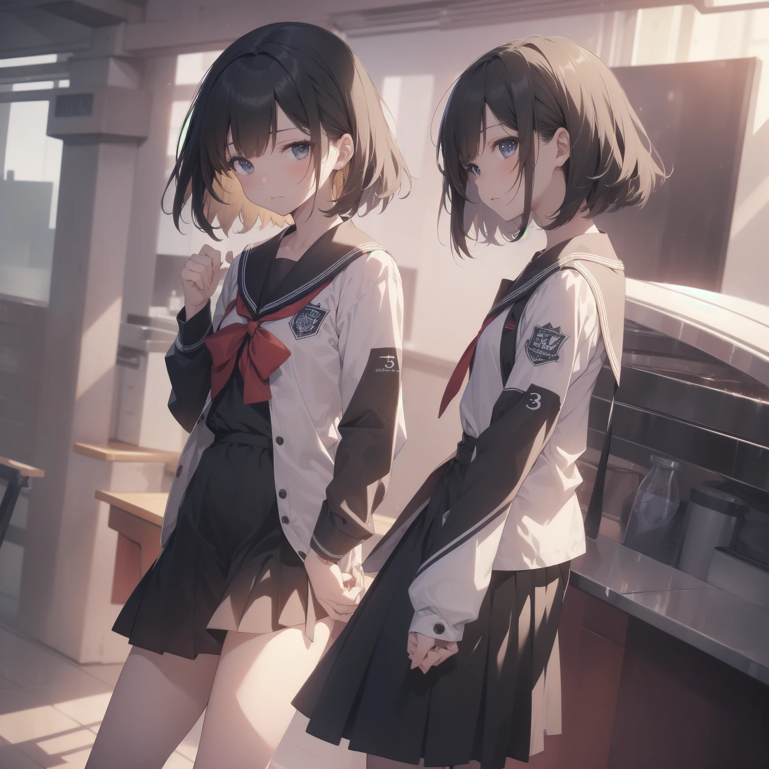 ultra-absurdres-Top quality by artist God, ultra-detailed, high resolution, anime moe artstyle, best anime 8k konachan wallpaper, pixiv contest winner, pool:2810, perfect anatomy,break, 1girl, (Please draw a girl walking sleepily to school alone. )break,(Solo,little female, 13-year-old:1.3),Full limbs, complete fingers,a junior high school student, (very short hair), short cut, flat chest, , small butt, small black eyes, beautiful detailed eyes, well-proportioned iris and pupils, expressive eyes, highres detailed hair, soft expression, salor school_uniform, sailor collar, serahuku, bow, pleated skirt,(Detailed Lighting), (Detailed background), in the School commute route. break,super detailed skin, Best cinematic lighting powered by famous artist, 8k,beauty illustration,photoshop_(medium),very aesthetic,break,((artist:zen_(kamuro) )), artist:clamp ,artist:carnelian ,artist:kantoku ,