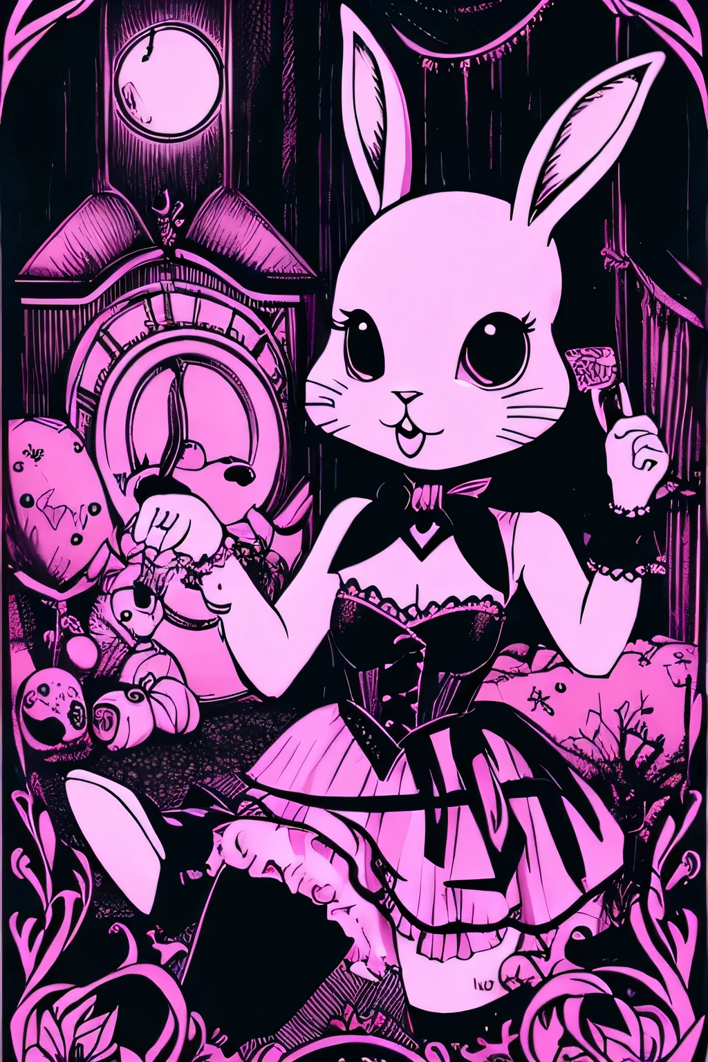 masterpiece, best quality, pink rabbit, Dark pink room, Horror Taste, Punk taste, Scary atmosphere, Gothic