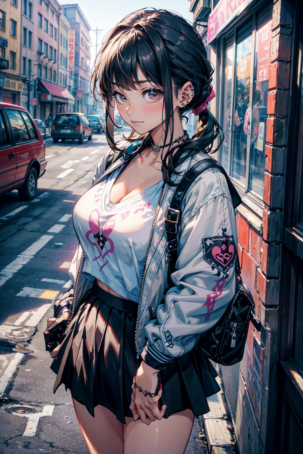 1girl,solo,cute,bigbreast,cleavage,bad girl,punk,student,shirt and skirt,at street,embroidered clothes