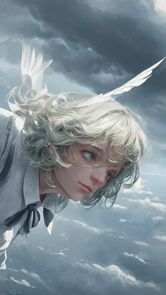 Close-up of a person flying through a cloudy sky, Floating in the sky, Inspired by Cyril Rolland, Floating in the sky, She&#39;s getting closer to heaven, Beep and james jean, Cyril Rolland style, realism | Beep, Beep daily art, Girl Cloud, Makoto Shinkai Cyril Rolland