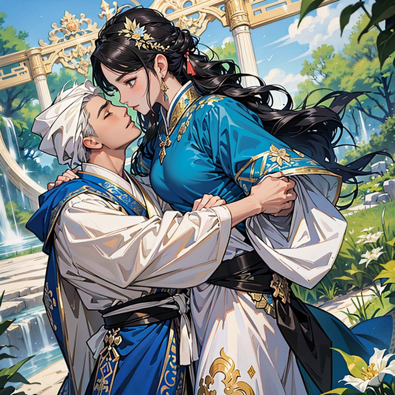 masterpiece, Highest quality, Very detailed, An intimate encounter between a man and a woman unfolds in a heartwarming and enchanting scene.。The stage is、steppe of central asia。The banks of the great river sparkling in the sunlight。Fantastic and majestic continental scenery。Creates a romantic atmosphere。 They stand facing each other,。their heights are different from each other。 emphasizes their unique physical characteristics。 That man is his height,Has dark hair that frames his striking face。The man is the crown prince of a steppe nomadic empire.。The man was wearing an ultramarine costume.、It is decorated with intricate golden embroidery.。A woman is a civilian in the oasis and is wearing Uyghur national costume.。The woman is delicate and .。Show off your radiant beauty with flowing, brightly colored hair. Their lips meet in a passionate kiss。 their pure love、Emphasis is placed on transcending class and culture.。 This magical moment captures the essence of their love,。evokes a feeling of sweetness and enchantment。Japanese girl manga patterns、symbolism、impressionism、romantic、Persian miniature、Reminiscent of the style of Alma Tadema and Gustave Moreau、It has an exotic, luxurious and profound charm.。