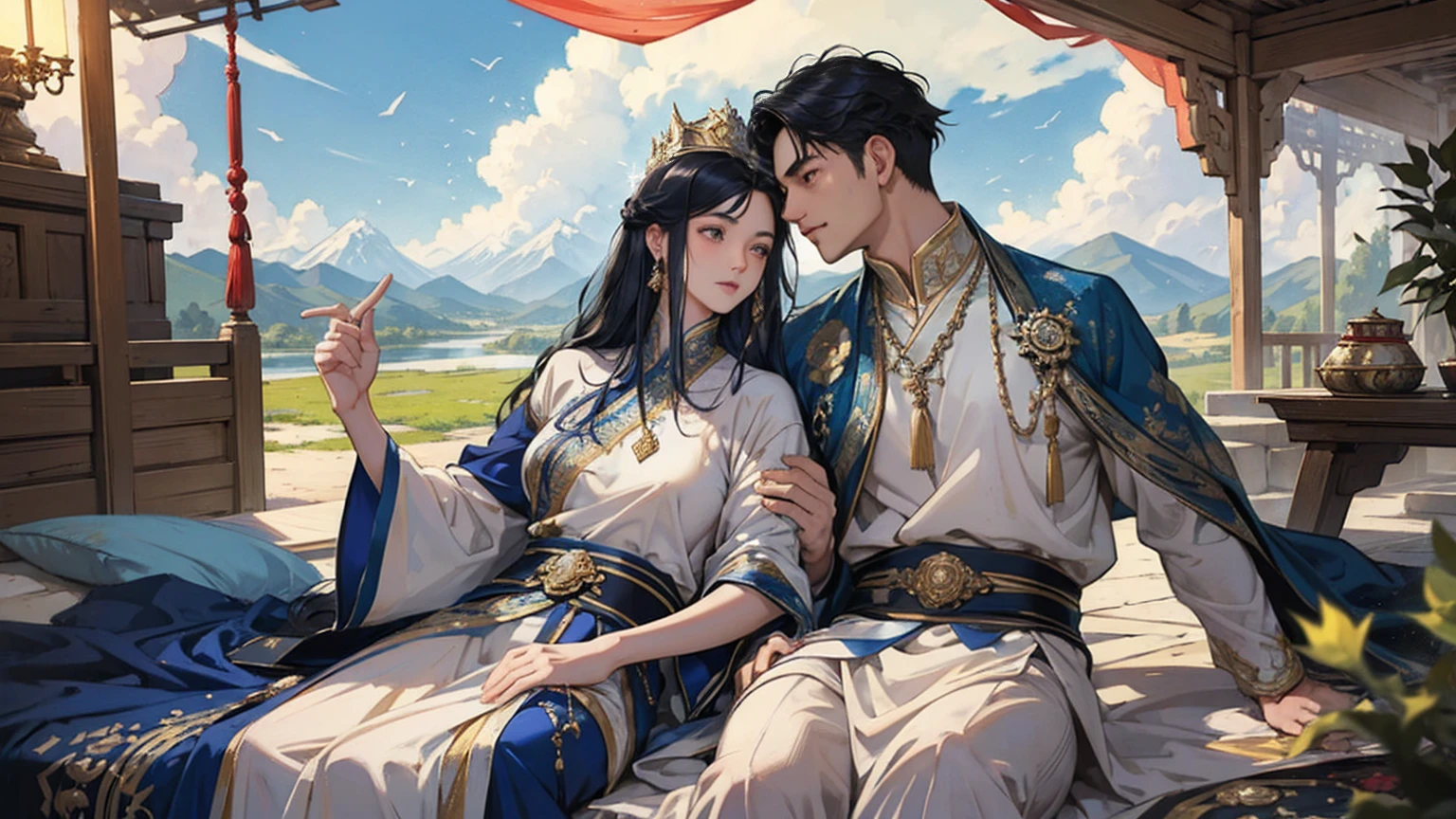 masterpiece, Highest quality, Very detailed, An intimate encounter between a man and a woman unfolds in a heartwarming and enchanting scene.。The stage is、steppe of central asia。The banks of the great river sparkling in the sunlight。Fantastic and majestic continental scenery。Creates a romantic atmosphere。 They stand facing each other,。their heights are different from each other。 emphasizes their unique physical characteristics。 That man is his height,Has dark hair that frames his striking face。The man is the crown prince of a steppe nomadic empire.。The man was wearing an ultramarine costume.、It is decorated with intricate golden embroidery.。A woman is a civilian in the oasis and is wearing Uyghur national costume.。The woman is delicate and .。Show off your radiant beauty with flowing, brightly colored hair. Their lips meet in a passionate kiss。 their pure love、Emphasis is placed on transcending class and culture.。 This magical moment captures the essence of their love,。evokes a feeling of sweetness and enchantment。Japanese girl manga patterns、symbolism、impressionism、romantic、Persian miniature、Reminiscent of the style of Alma Tadema and Gustave Moreau、It has an exotic, luxurious and profound charm.。