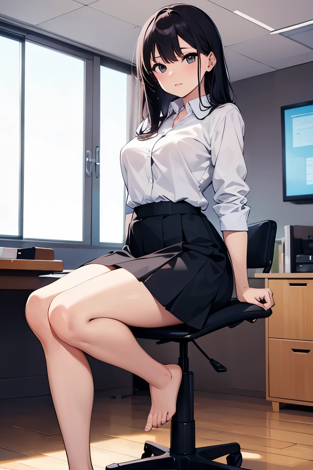 Woman, Asian, Youngh, Secretary, sitting in an office chair, fully body, wearing a formal shirt and skirt, flerting, sexly, sensuous