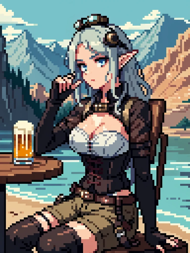 masterpiece, high quality, 1_woman, ((upper body)), ((sitting)), sitting in chair, (exotic skin_complexion:1.4), mature, (looking away from the viewer), (pouting face), tall, beautiful, exotic, with long elf ears, long hair, silver hair, detailed face, having diamond shaped eyes, blue eyes, (dark_eyeliner), long_eyelashes medium_bust, wearing Steampunk corset, chest window, (brown shorts), crossing belts, (goggles on head), long fingerless_gloves, belts with metal gears, black thigh highs with embroidery, knee boots with laces, dynamic lighting casts detailed shadow, riverside village, cafe, beer mug, mountains in distance, sunny day, 