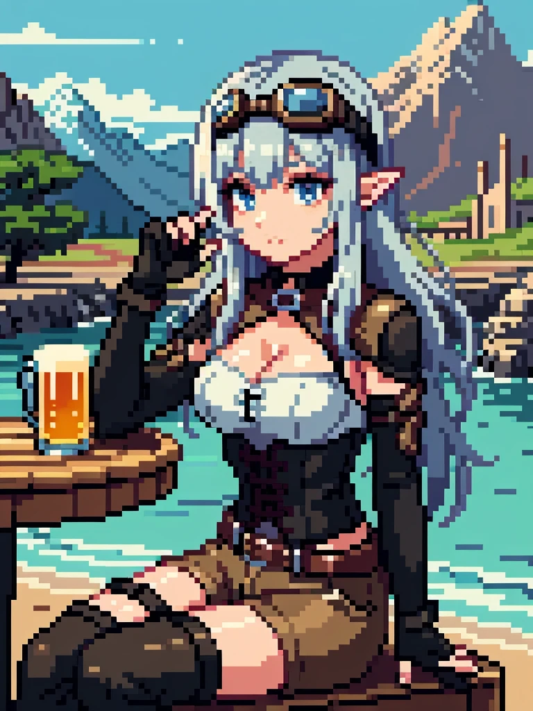 masterpiece, high quality, 1_woman, ((upper body)), ((sitting)), sitting in chair, (exotic skin_complexion:1.4), mature, (looking away from the viewer), (pouting face), tall, beautiful, exotic, with long elf ears, long hair, silver hair, detailed face, having diamond shaped eyes, blue eyes, (dark_eyeliner), long_eyelashes medium_bust, wearing Steampunk corset, chest window, (brown shorts), crossing belts, (goggles on head), long fingerless_gloves, belts with metal gears, black thigh highs with embroidery, knee boots with laces, dynamic lighting casts detailed shadow, riverside village, cafe, beer mug, mountains in distance, sunny day, 
