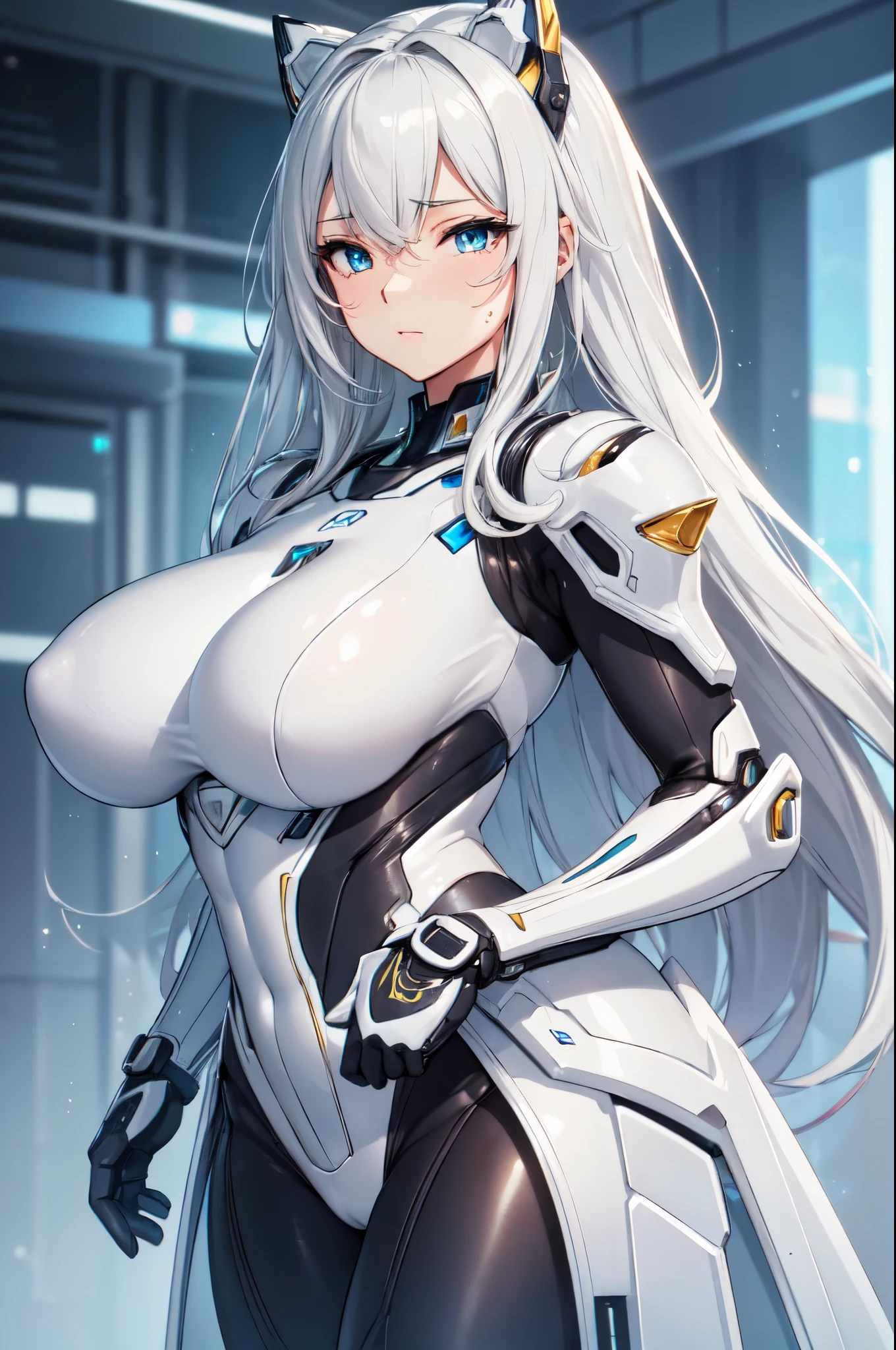 (High quality, High resolution, Fine details), highly detailed mechanical suit, sleek and form-fitting, solo, curvy adult women, sparkling eyes, (Detailed eyes:1.2), Sweat, Oily skin, Soft tones, shallow depth of field