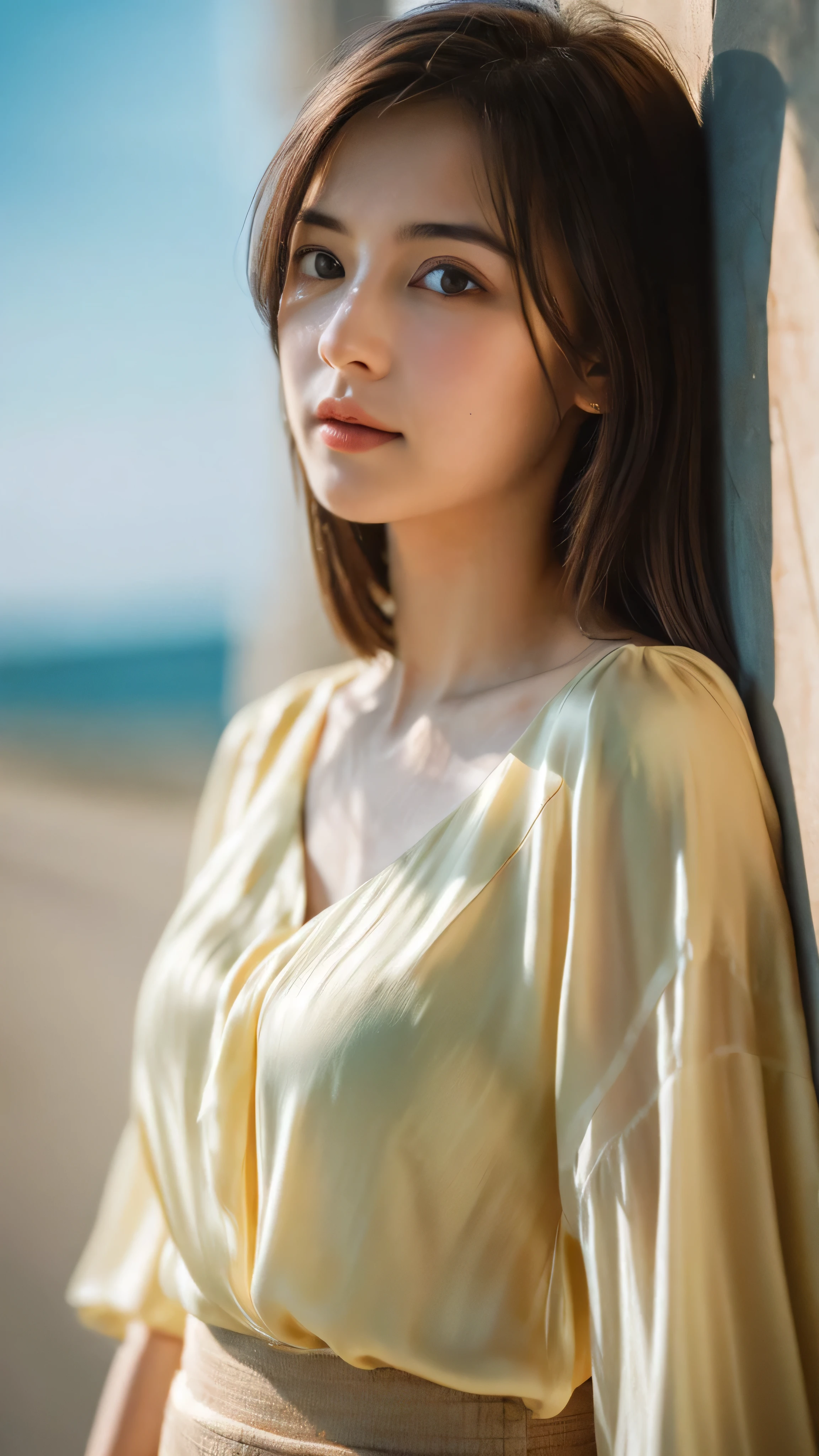(Random Nationality):1.5, masterpiece, Highest quality, 8k, 20th Generation, (Large Breasts:1.2), cute, alone, sad, close, cute, Girlish, Delicate girl, Pure beauty, RAW Photos, Professional photography, Portraiture, Soft Light, Professional Lighting, Backlight, Upper Body, avert your eyes, Sophisticated, Film Grain, (Eyes and facial details:1.0), Beautiful straight hair, Hair swaying in the wind, Silk blouse, Random hairstyle