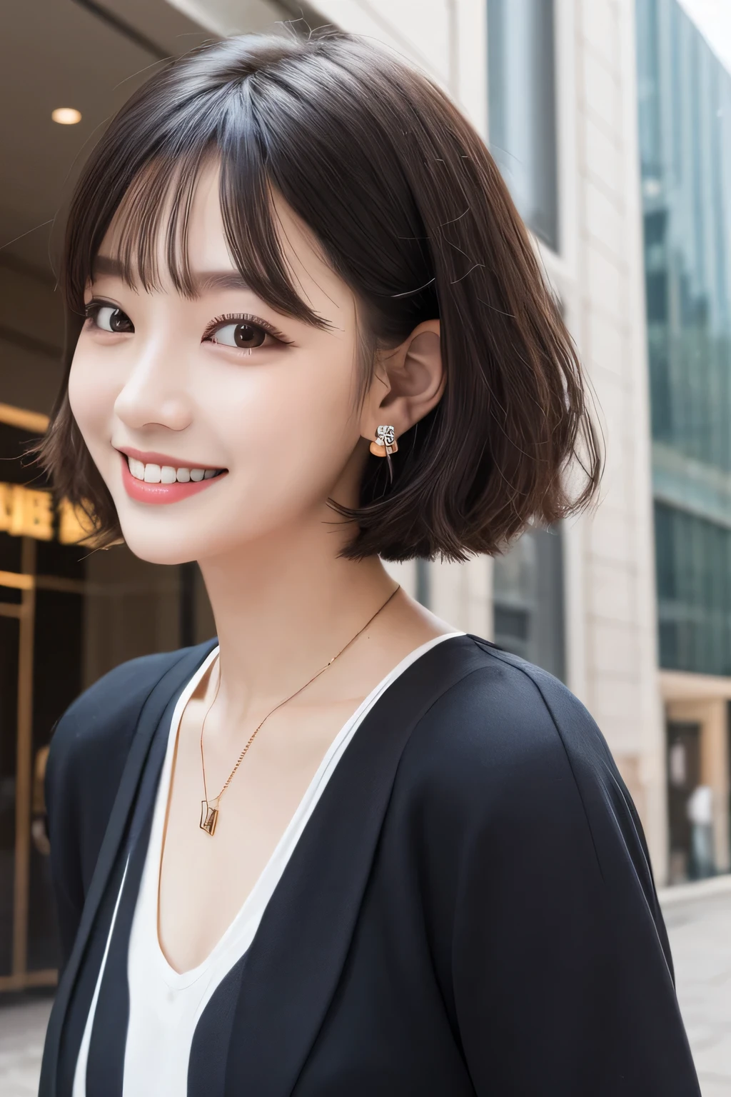 Highest quality, ,smile、Beautiful teeth alignment、Black Hair、Short Haircut、Dark eyeliner、、Long sleeve blouse、ear piercing、necklace, , Face Focus、The background is the building&#39;s corridor.