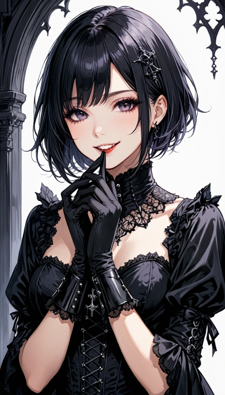 One girl,short hair,Use your mouth to adjust the base of the glove,smile,Portraiture,Gothic style