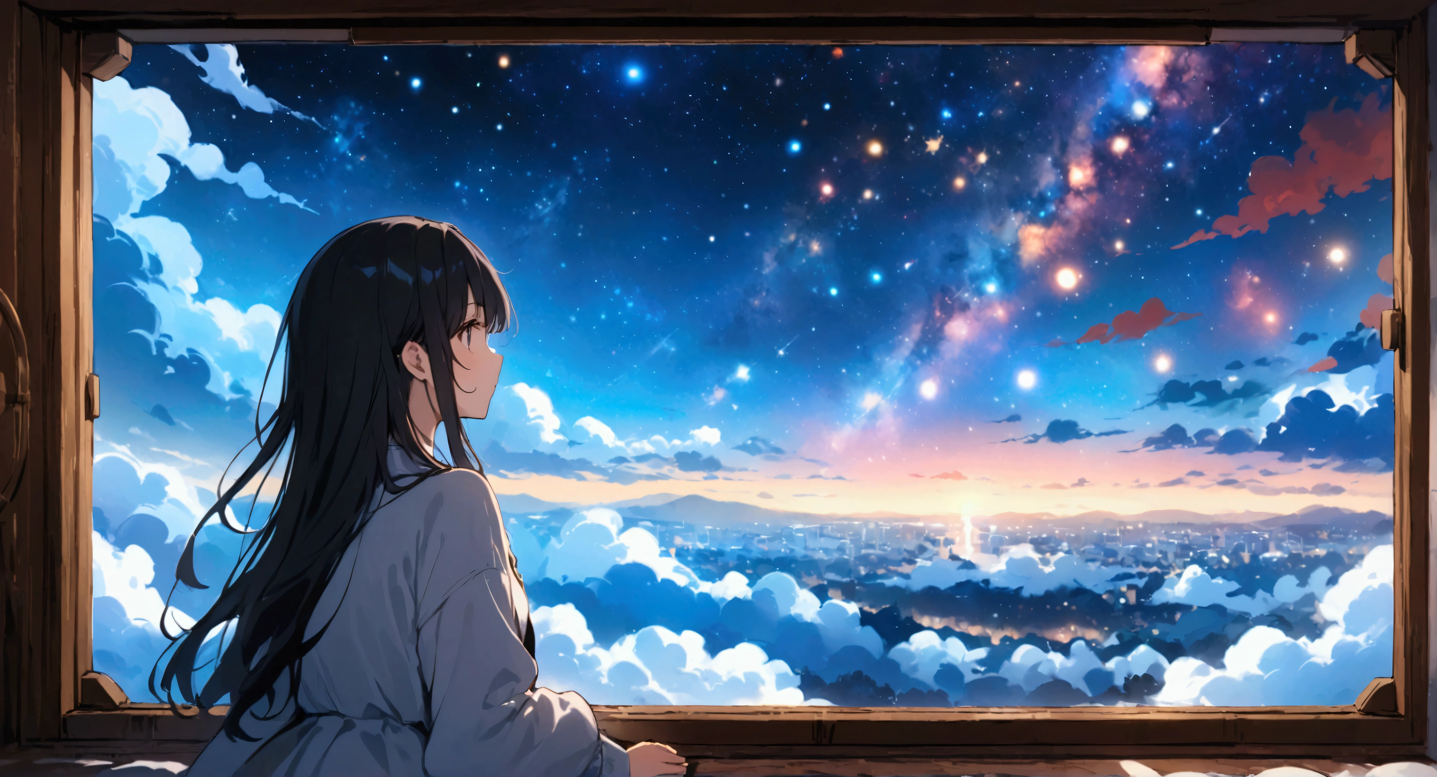 Anime Style、high resolution,((masterpiece:1.2)),Galaxy Express 999、Girl looking out of the room、Beautiful starry sky、Beautiful night view,Wooden window frames