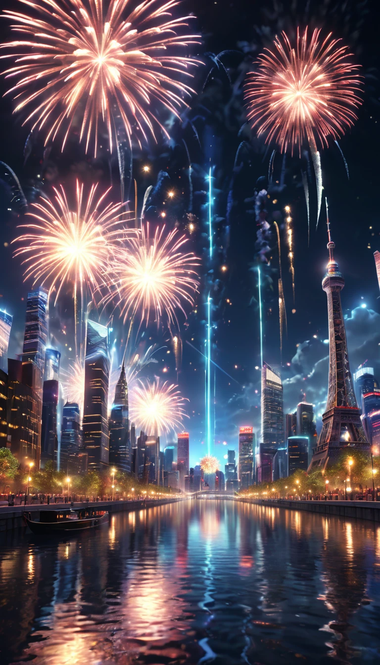 (reflection: dazzling dazzling rays of light) Highest quality, masterpiece, Realistic, (High resolutionの CGI アートワーク 8k), Many fireworks are shining in the night sky. 最高masterpiece. The theme is like a fireworks display. The most beautiful city night view. Scenery seen from the sky. 水面にreflection. High resolution, 3D-rendered masterpiece