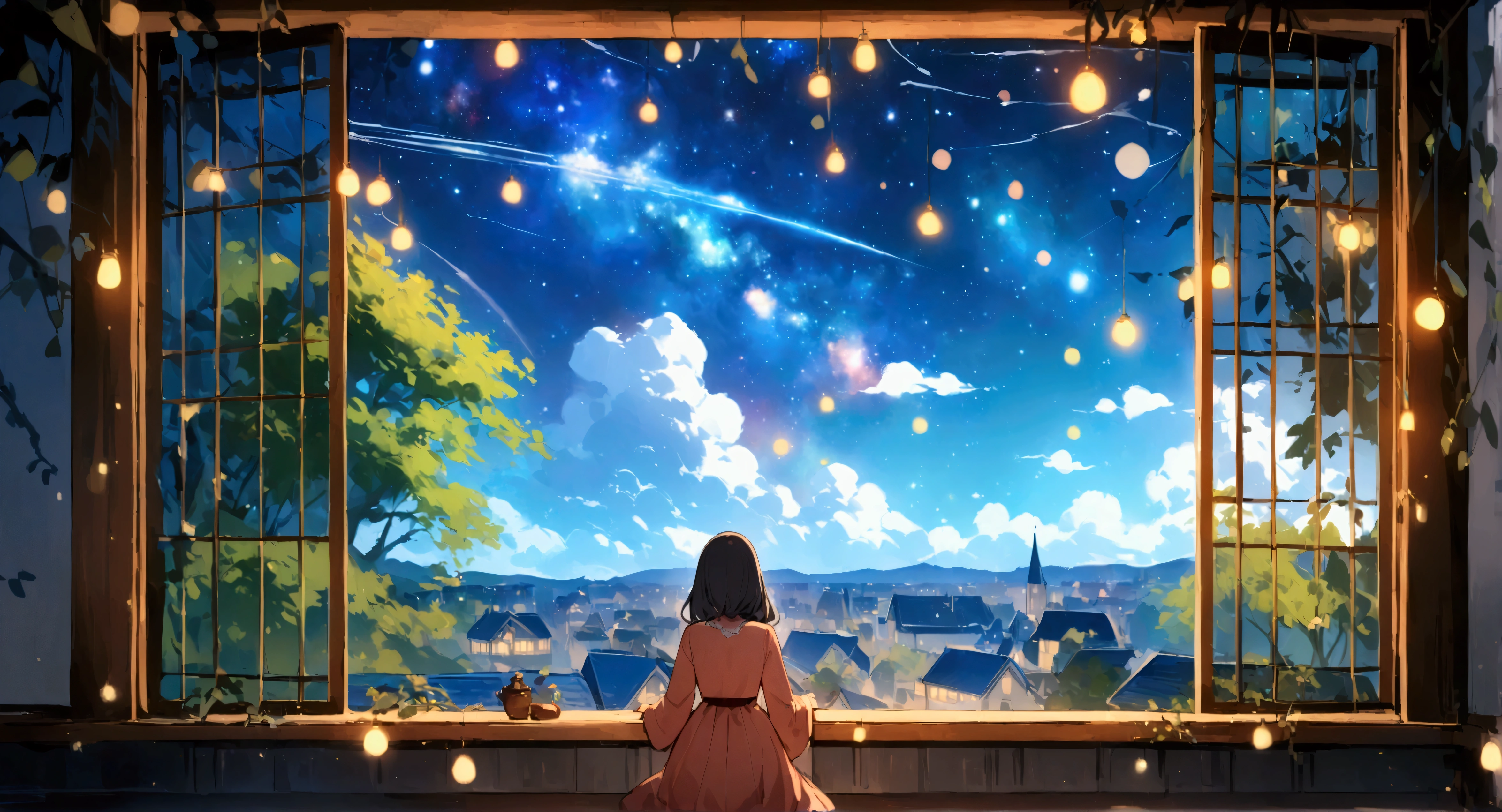 Anime Style、high resolution,((masterpiece:1.2)),Galaxy Express 999、Girl looking out of the room、Beautiful starry sky、Beautiful night view,Wooden window frames