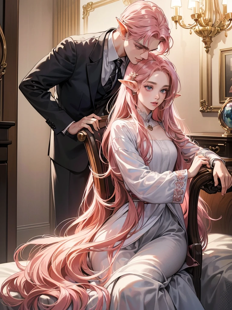 (masutepiece, Digital Art, Digital Illustration, 4K, 8K, Ultra-detailed, beautiful image, Sharp Image, Photorealistic, Raw photo, Perfect face, Perfect lines, Perfect eyes, Soft lighting) 1 woman, (Long pink Hair,straight haired,Bullish gaze,Beautie,elf women ,Woman in suit,Solid makeup,23 y-o woman,small tits:1.3),Secretary, Two handsome men in suits, (ember,Men in suits,well-muscled,Firm shoulder width,Adult male,Boyish hairstyle,English gentlemanly style,Man in his 30s with a cool expression,28-year-old man with bright smile:1.2),Bedrooms、a canopy bed、Antique Clamps,Antique chair,chandeliers,Parti、a couple、couple kissing、kiss、the kiss、Romance、Kissing