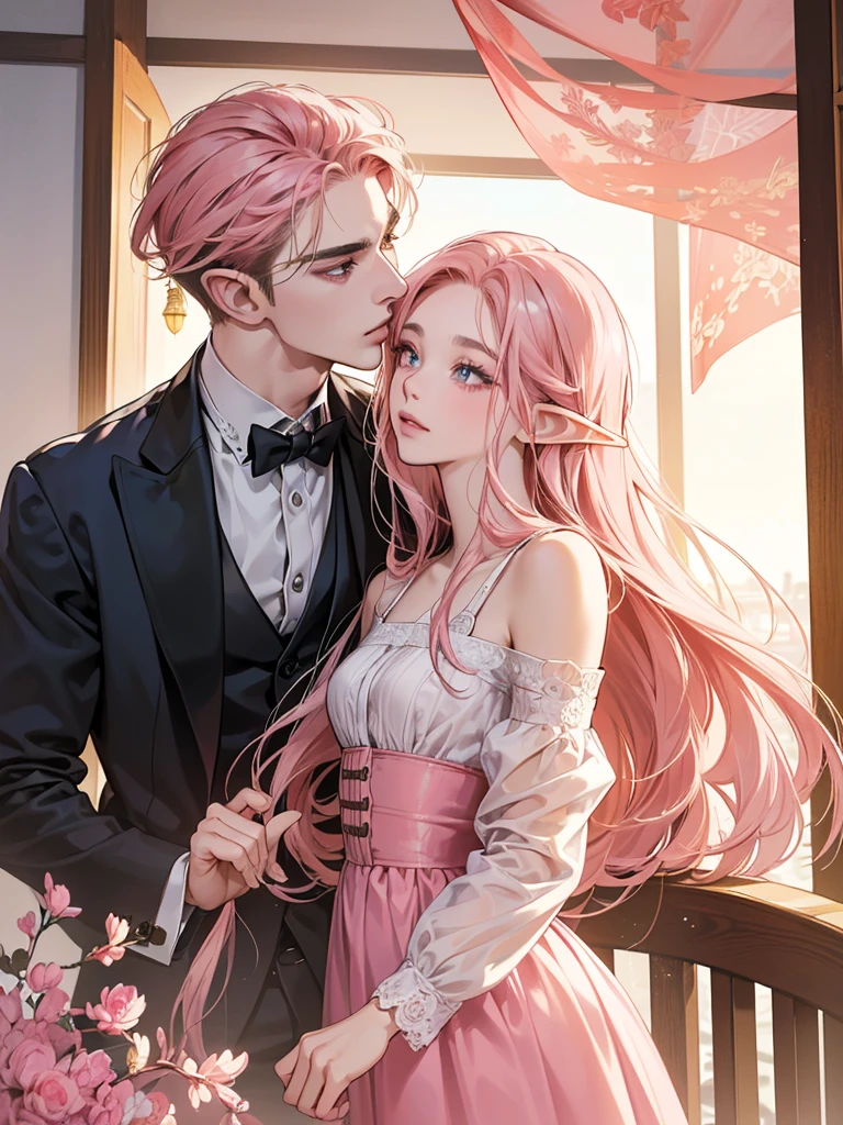 (masutepiece, Digital Art, Digital Illustration, 4K, 8K, Ultra-detailed, beautiful image, Sharp Image, Photorealistic, Raw photo, Perfect face, Perfect lines, Perfect eyes, Soft lighting) 1 woman, (Long pink Hair,straight haired,Bullish gaze,Beautie,elf women ,Woman in suit,Solid makeup,23 y-o woman,small tits:1.3),Secretary, Two handsome men in suits, (ember,Men in suits,well-muscled,Firm shoulder width,Adult male,Boyish hairstyle,English gentlemanly style,Man in his 30s with a cool expression,28-year-old man with bright smile:1.2),Bedrooms、a canopy bed、Antique Clamps,Antique chair,chandeliers,Parti、a couple、couple kissing、kiss、the kiss、Romance、Kissing