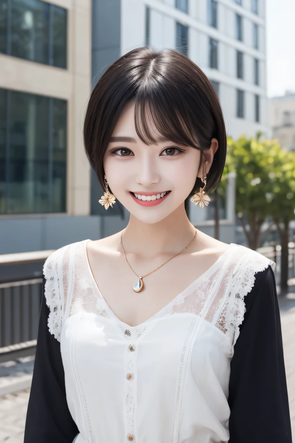 Highest quality, ,smile、Beautiful teeth alignment、Black Hair、Short Haircut、Dark eyeliner、、Long sleeve blouse、ear piercing、necklace, , Face Focus、The background is the building&#39;s corridor.