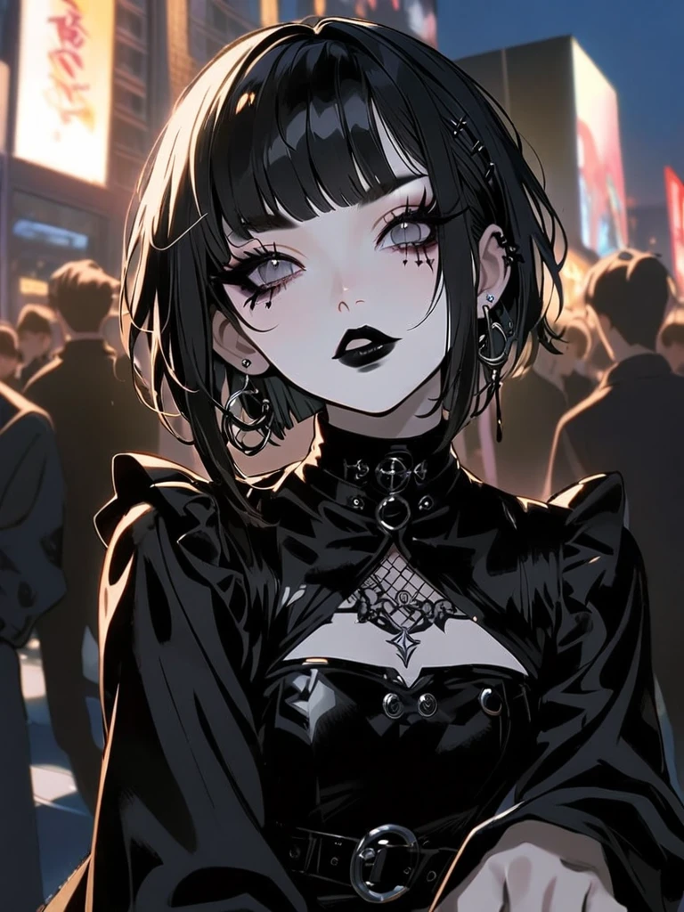 One girl, Goth Punk Haircut, In-person audience, Flat bangs, Outdoor, Crouch, Black Lipstick, Black Lips, Goth Makeup, Smokey Eye, eye shadow, eyeliner, Medium chest, Earrings, Long sleeve