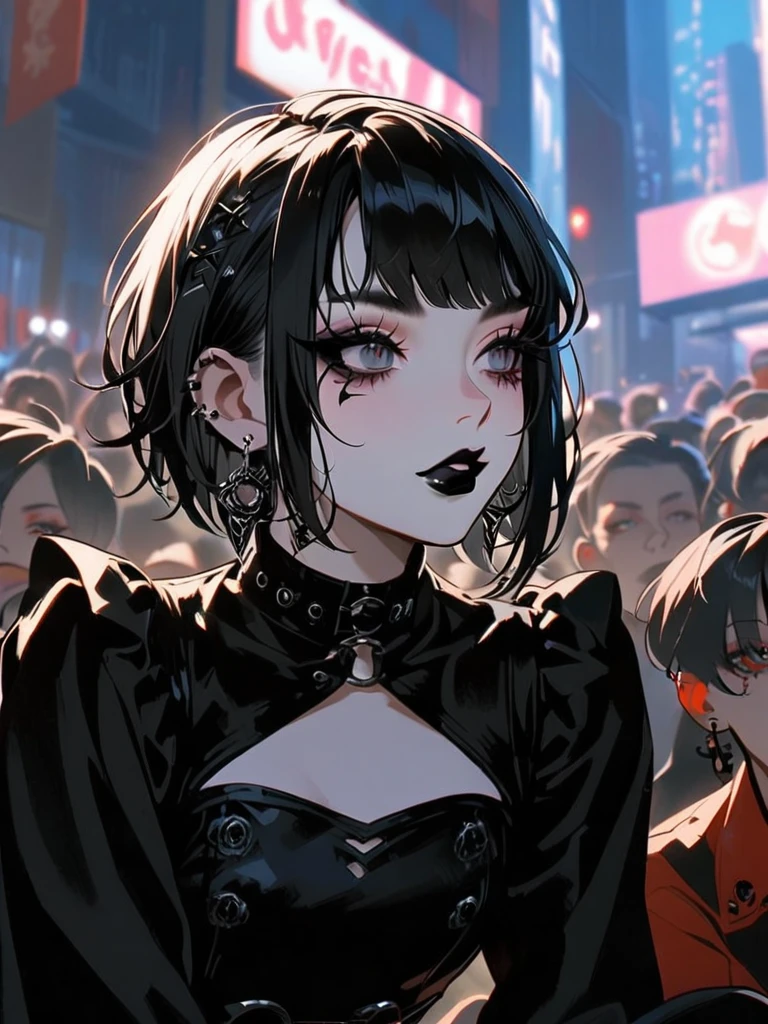 One girl, Goth Punk Haircut, In-person audience, Flat bangs, Outdoor, Crouch, Black Lipstick, Black Lips, Goth Makeup, Smokey Eye, eye shadow, eyeliner, Medium chest, Earrings, Long sleeve