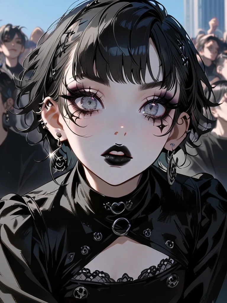 One girl, Goth Punk Haircut, In-person audience, Flat bangs, Outdoor, Crouch, Black Lipstick, Black Lips, Goth Makeup, Smokey Eye, eye shadow, eyeliner, Medium chest, Earrings, Long sleeve
