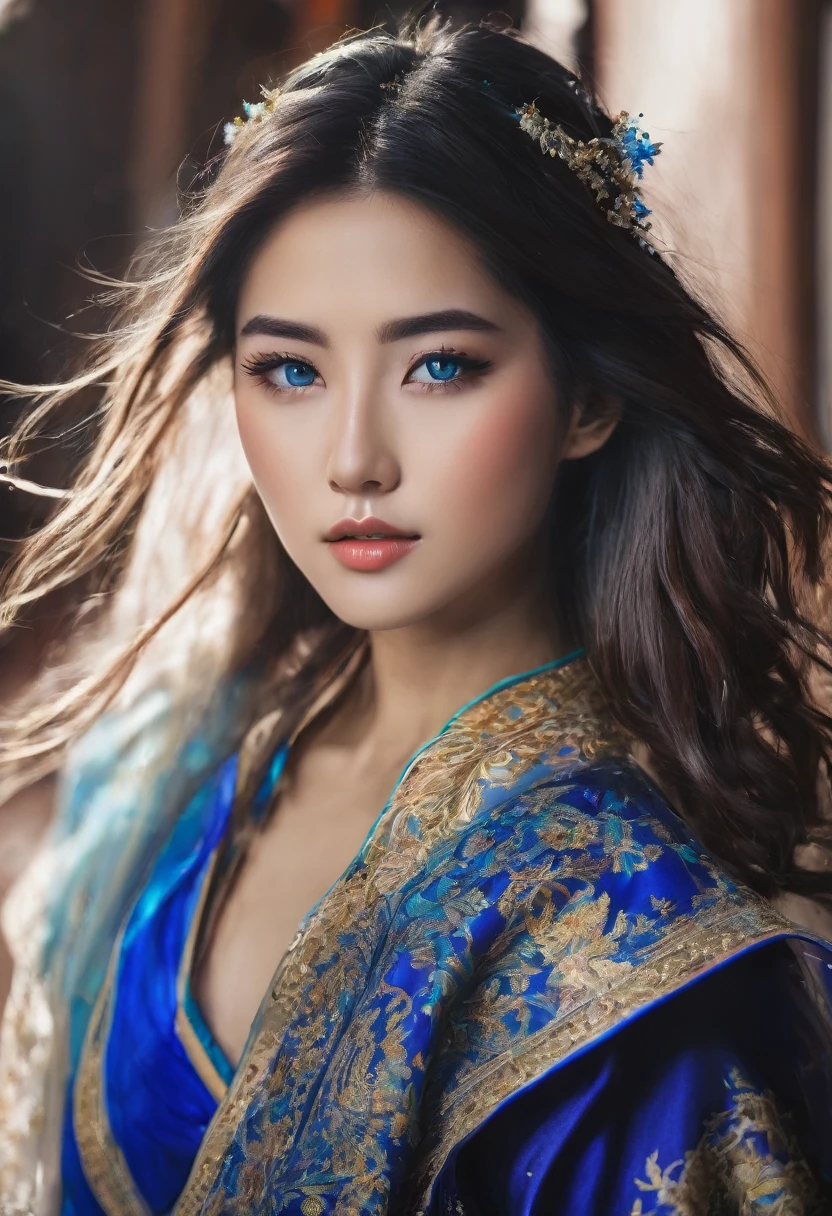 ((best qualityer, 8k, work of art: 1.3)), 1 girl, pretty, with asian eyes, blue colored eyes, Front photo, photoshoot photo, face picture