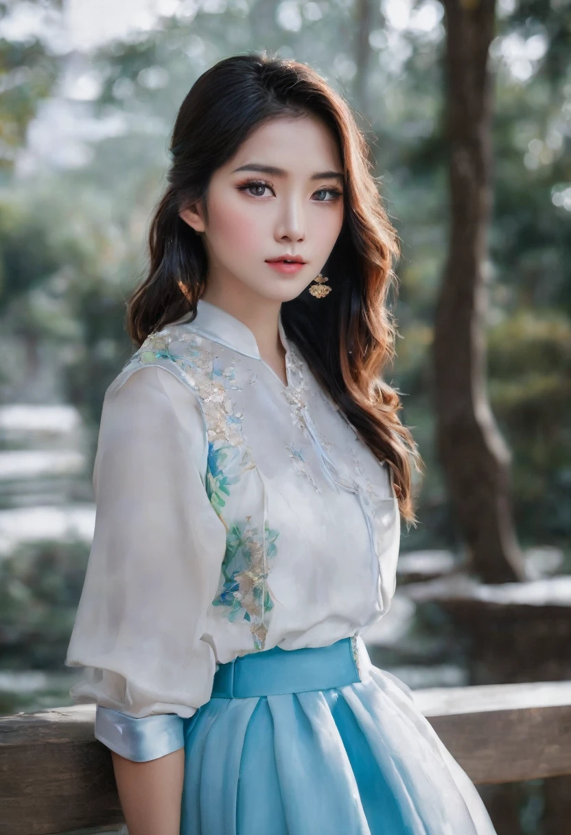 ((best qualityer, 8k, work of art: 1.3)), 1 girl, pretty, with asian eyes, blue colored eyes, Front photo, photoshoot photo, face picture