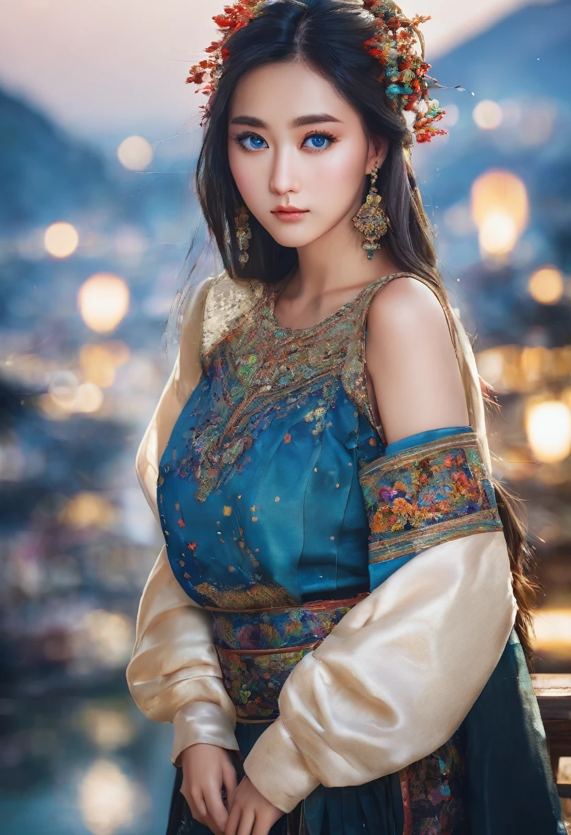 ((best qualityer, 8k, work of art: 1.3)), 1 girl, pretty, with asian eyes, blue colored eyes, Front photo, photoshoot photo, face picture