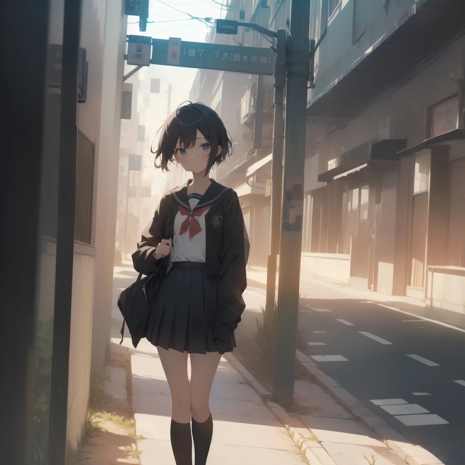 ultra-absurdres-Top quality by artist God, ultra-detailed, high resolution, anime moe artstyle, best anime 8k konachan wallpaper, pixiv contest winner, pool:2810, perfect anatomy,break, 1girl, (Please draw a girl walking sleepily to school alone. )break,(Solo,little female, 13-year-old:1.3),Full limbs, complete fingers,a junior high school student, (very short hair), short cut, flat chest, , small butt, small black eyes, beautiful detailed eyes, well-proportioned iris and pupils, expressive eyes, highres detailed hair, soft expression, salor school_uniform, sailor collar, serahuku, bow, pleated skirt,(Detailed Lighting), (Detailed background), in the School commute route. break,super detailed skin, Best cinematic lighting powered by famous artist, 8k,beauty illustration,photoshop_(medium),very aesthetic,break,((artist:zen_(kamuro) )), artist:clamp ,artist:carnelian ,artist:kantoku ,