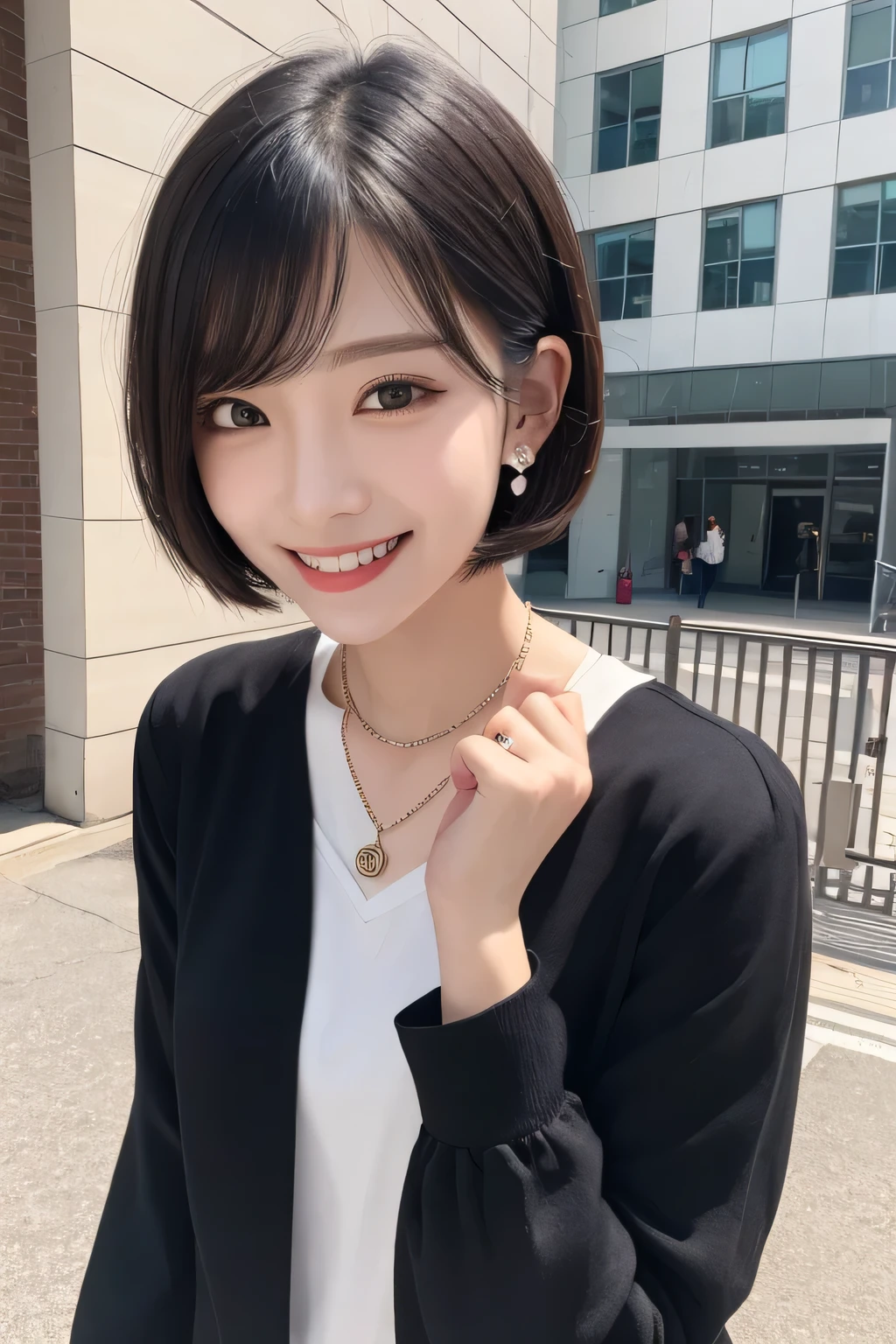 Highest quality, ,smile、Beautiful teeth alignment、Black Hair、Short Haircut、Dark eyeliner、、Long sleeve blouse、ear piercing、necklace, , Face Focus、The background is the building's corridor.