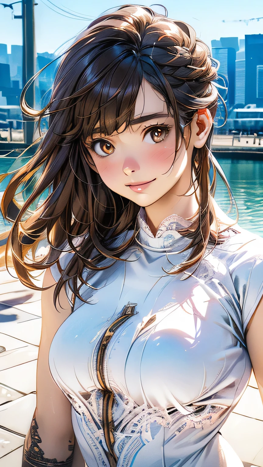 (masterpiece:1.2, Highest quality), (Realistic, photoRealistic:1.4), Beautiful illustrations, (Natural Side Lighting, Cinema Lighting), 
View your viewers, 1 girl, Japanese, Junior high school girl, 14 years old, Perfect Face, cute and symmetrical face, Glowing Skin, thin, 
(Mid-length hair:1.2, Half Up:1.4, Light brown hair), Asymmetrical bangs, Brown eyes, Long eyelashes, (Mid-chest:0.7), 
Beautiful Hair, Beautiful Face, Beautiful details, Beautiful clavicle, Beautiful body, Beautiful fingers, (((Panties are visible))) ((Very large saggy tits)), ((In underwear、White lace underwear))((Fullback panties))Underarm , Slightly , Very large breasts, Full body angle, 14 year old woman , Thick thighs
((Detailed cloth texture)), 
(Beautiful views), evening, (River side), Are standing, (cute, cute smile, Upward glance),