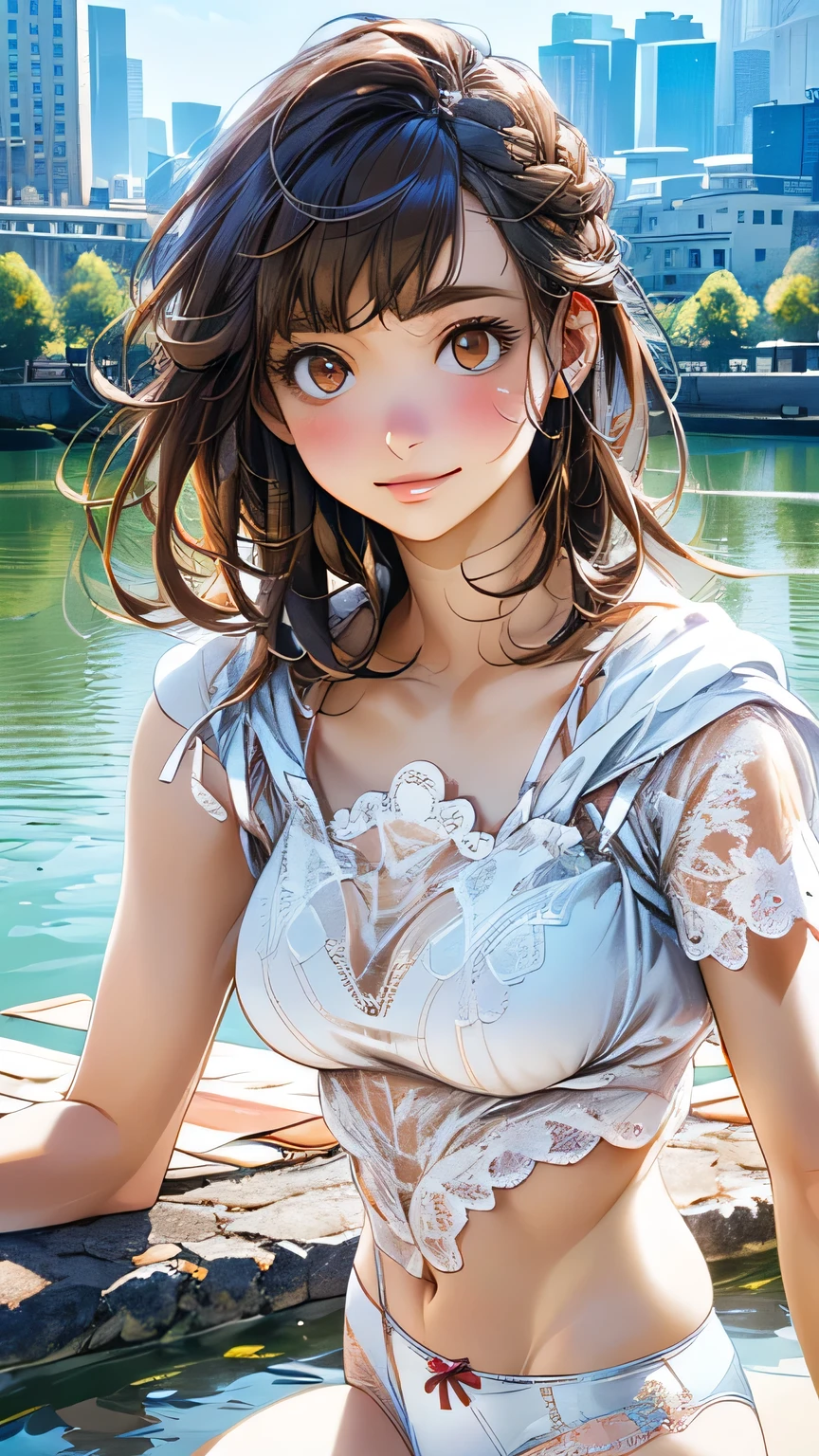 (masterpiece:1.2, Highest quality), (Realistic, photoRealistic:1.4), Beautiful illustrations, (Natural Side Lighting, Cinema Lighting), 
View your viewers, 1 girl, Japanese,  girl, 14 years old, Perfte and symmetrical face, Glowing Skin, thin, 
(Mid-length hair:1.2, Half Up:1.4, Light brown hair), Asymmetrical bangs, Brown eyes, Long eyelashes, (Mid-chest:0.7), 
Beautiful Hair, Beautiful Face, Beautiful details, Beautiful clavicle, Beautiful body, Beautiful fingers, (((Panties are visible))) ((Very large saggy tits)), ((In underwear、White lace underwear))((Fullback panties))Underarm , Slightly , Very large breasts, Full body angle, 14 year old woman , Thick thiged cloth texture)), 
(Beautiful views), evening, (River side), Are standing, (cute, cute smile, Upward glance),