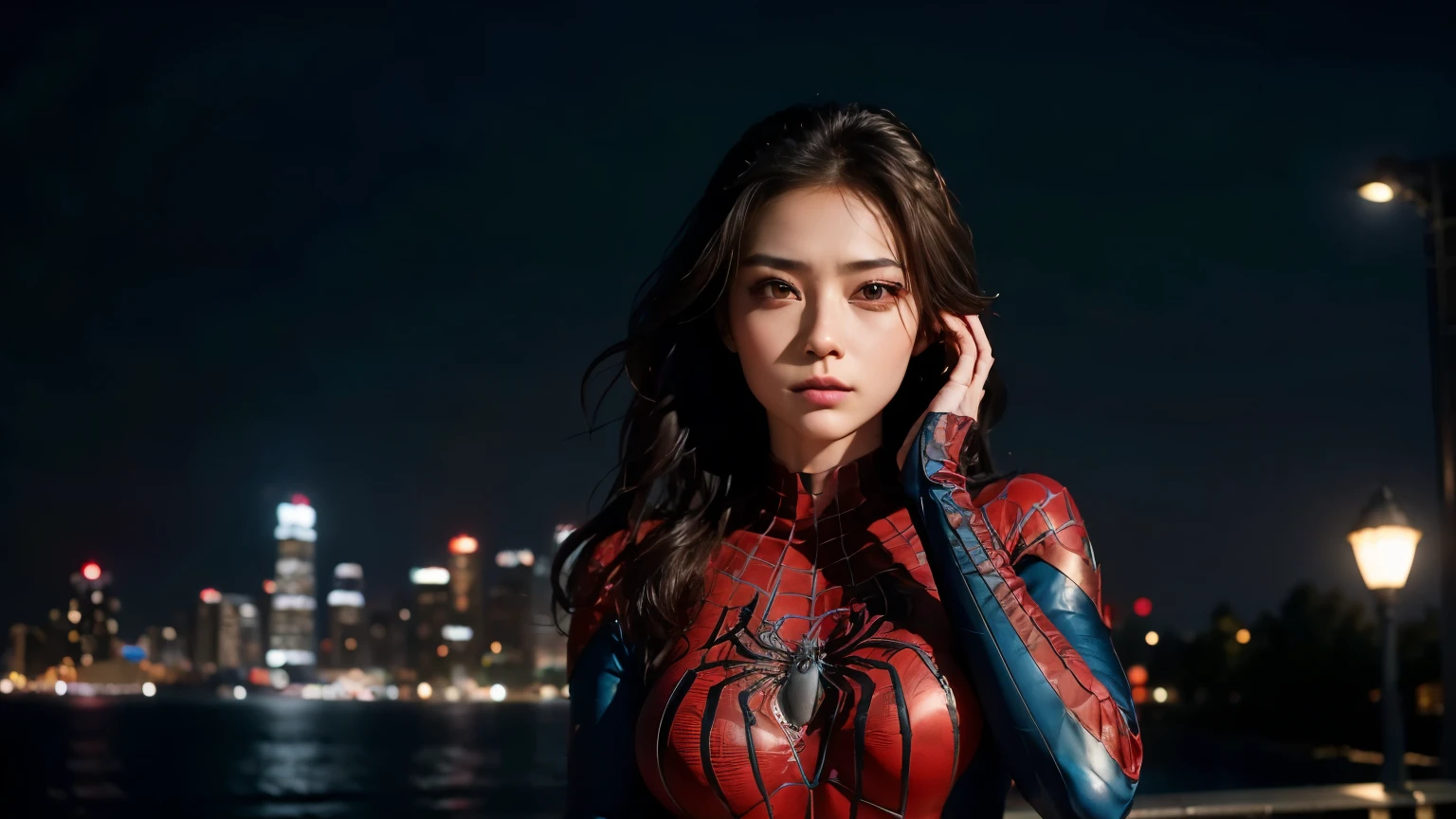 (Wearing Spider-Woman_cosplay_outfit:1.1), In front of the sky, 
calligraphy,4K, high resolution, masterpiece, best quality, head:1.3,((Hasselblad Photos)), Fine-grained skin, sharp focus, (movie lights), night, soft lighting, dynamic angle, [:(detailed face:1.2):0.2], medium chest, out,