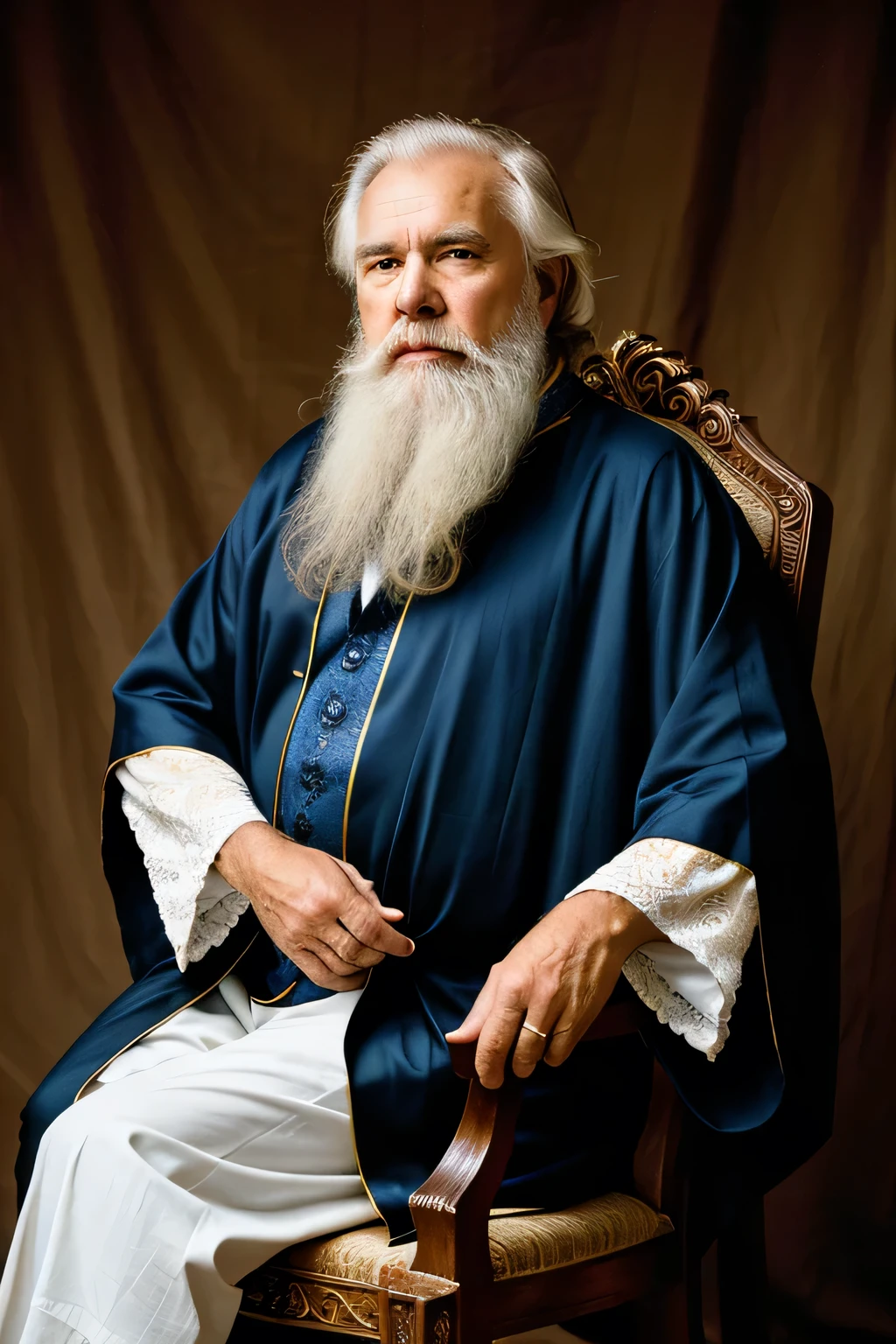 full photo fram
Portrait-style image featuring an elderly man with a long white beard,
flowing white hair and a full,
Pensive man sitting on wooden chair and looking leftwards
Full photo of his elegant decorated shoes
The man's expression is contemplative , His facial features are jovially and defined, with deep-set eyes and a serious expression. wisement man
The skin tone is light, and the lighting creates a dramatic effect, highlighting the contours of his face.
He is dressed in dark, intricately designed robes with a textured pattern Ornate ,
adding to the mystical and ancient appearance,The background is a gradient of ornate blue, Complete clothes