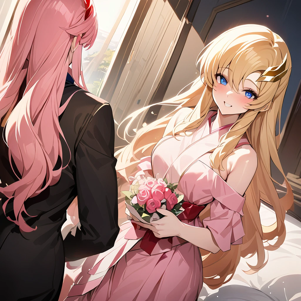 ((Highest quality)), ((masterpiece)), (detailed), (Perfect Face)、The woman is Lacus Clyne, a blue-eyed, pink-haired girl with medium-long hair and a hair accessory and an engagement ring. She is the beloved wife of Orpheus Ram-Tao.、The woman is holding her blonde daughter