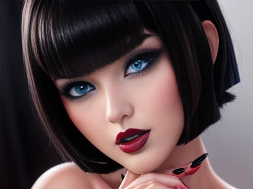 Beautiful girl short black hair, blue eyes white skin , black manicure and voluminous red lips, beautiful and perfectly detailed face,  nsfw image 1.2 high resolution 12k gotich makeup fanart Stunning wallpaper 