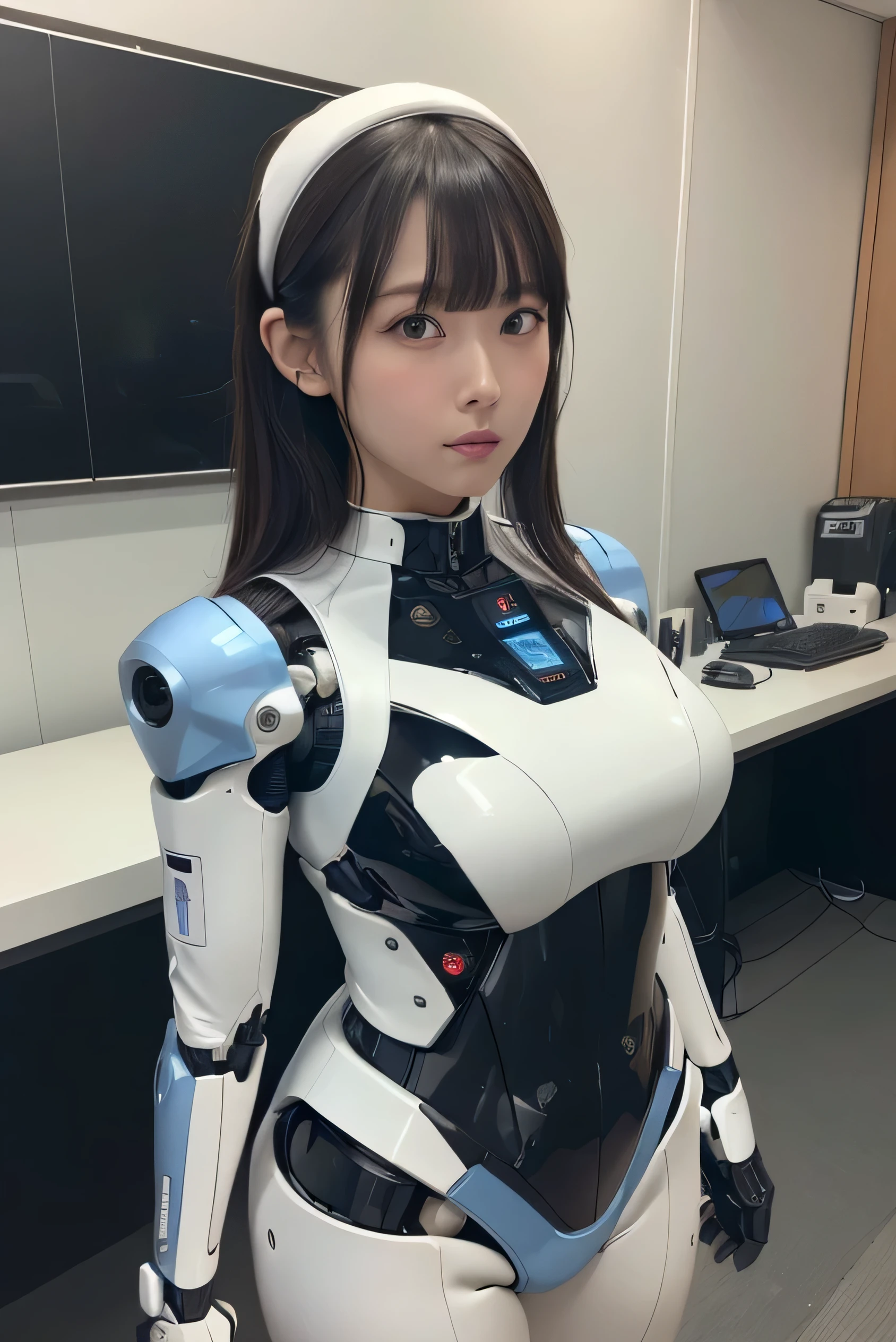 (Photorealistic:1.4), (Raw photo)masutepiece, Best Quality, Extremely detailed, (Photorealistic:1.4), (8K, 4K, Best Quality, hight resolution, 超A high resolution:1.1), 8K Portrait,1girl in, Japanese android girl,Plump , announcer,control panels,android,Droid,Mechanical Hand, ,Robot arms and legs, Black hair,Mechanical body,Blunt bangs,White Robotics Parts,perfect robot woman,Charging spot,Long Tube,A thick cable was connected to his neck.,ceramic body ,Mechanical body, mechanical ear covers,android,robot humanoid,a bit Chubby,pantiy,complete eyes,Perfect machine body,White robot body,The laboratory of the future,android factory,mechanical ear covers,White and light blue uniform,light blue accent costume,