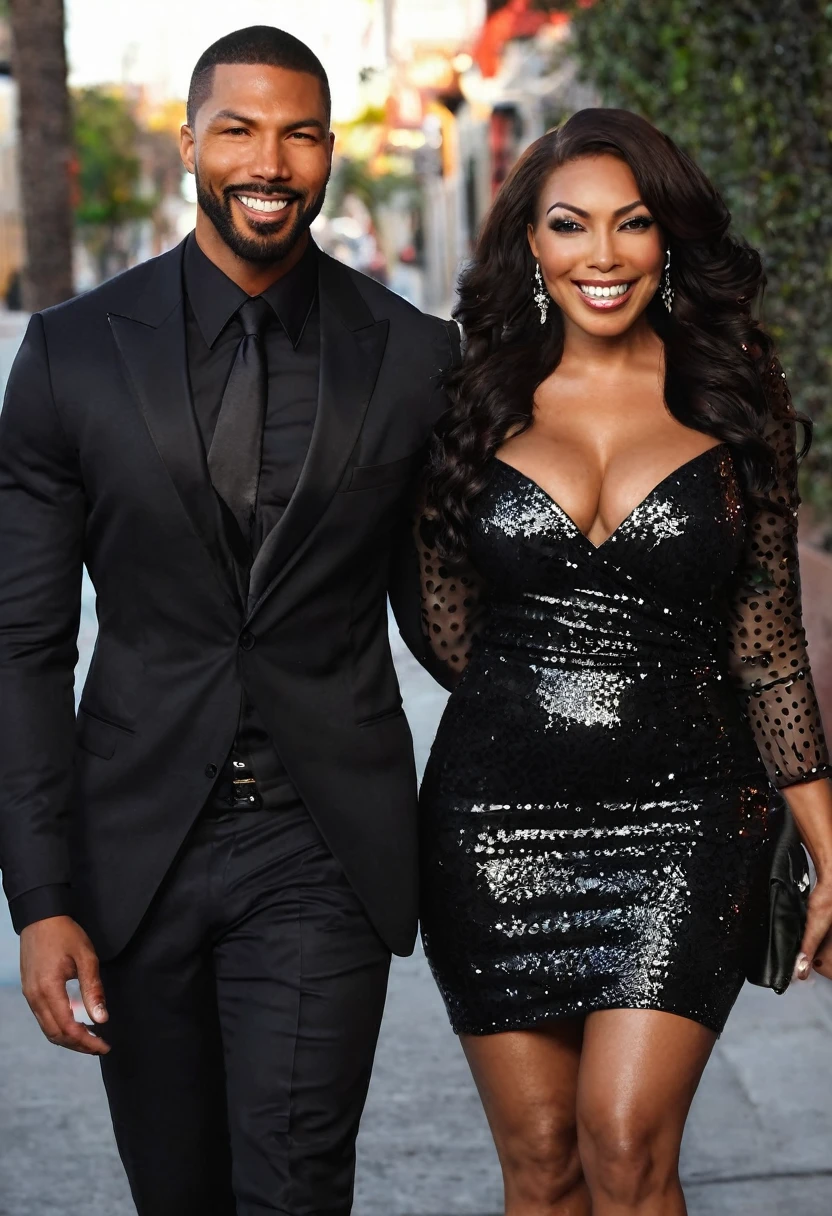 Tera Patrick and a handsome African American male whose facial features are a combo of Charles Michael Davis + Nathan Mitchell + Omari Hardwick enjoy an evening stroll. Both are smiling. Both are dressed attractively for a night on the town. Tera wears a sparkly black dress. Tera has lovely makeup on her face. Nighttime. Romantic ambiance. Symmetrical eyes. Symmetrical faces. Lovely details. Photorealistic. Full-colored photo. Professional photo. Highly detailed 8K.