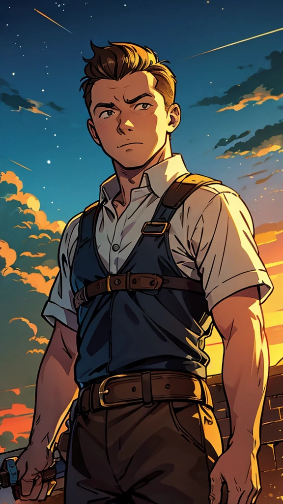 (1man, Tintin,1boy), (extremely detailed CG unit 8k wallpaper),(master part), (best quality), (ultra detail), (best illustration),(style of Dan Mumford), cowboy shot, (Sharp eyeliner, ombre, detailed eyes:1), Ancient Egyptian tomb interiors background, ,break , (t3mu1), upper body,brunning,short hair ,black hair, 