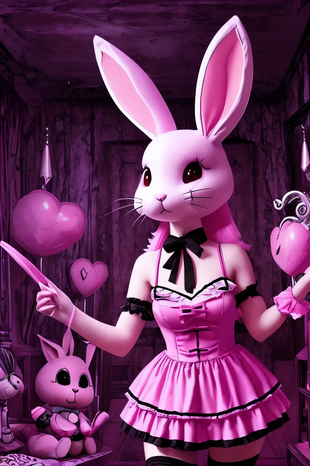 masterpiece, best quality, pink rabbit, Dark pink room, Horror Taste, Punk taste, Scary atmosphere, Gothic, real ,cute