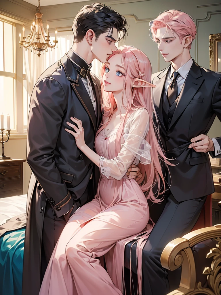 (masutepiece, Digital Art, Digital Illustration, 4K, 8K, Ultra-detailed, beautiful image, Sharp Image, Photorealistic, Raw photo, Perfect face, Perfect lines, Perfect eyes, Soft lighting) 1 woman, (Long pink Hair,straight haired,Bullish gaze,Beautie,elf women ,Woman in suit,Solid makeup,23 y-o woman,small tits:1.3),Secretary, Two handsome men in suits, (ember,black wolf hair,blue eyes,wolf tail and ears,Men in suits,well-muscled,Firm shoulder width,Adult male,Boyish hairstyle,English gentlemanly style,Man in his 30s with a cool expression,28-year-old man with bright smile:1.2),Bedrooms、a canopy bed、Antique Clamps,Antique chair,chandeliers,Parti、a couple、couple kissing、kiss、the kiss、Romance、Kissing