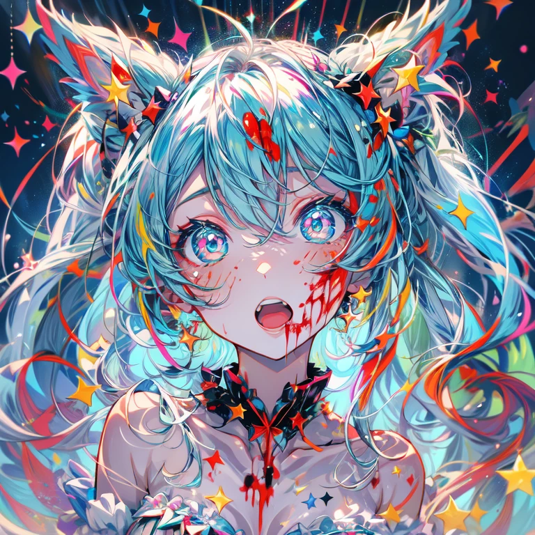 ((Hatsune Miku 1.5)))
(masterpiece, Highest quality), ((One girl, (Mature Woman) Long Hair), (Star-shaped pupils,  +_+, Symbol-shaped pupil, Sparkling eyes), (Cat ear, Open your mouth)), (View your viewers, A light smile, Off the shoulder), (Abstract, Multicolored background, Abstract background, chromatic aberration), vampire, There was blood on my face, Blood on clothes, Bat Wings