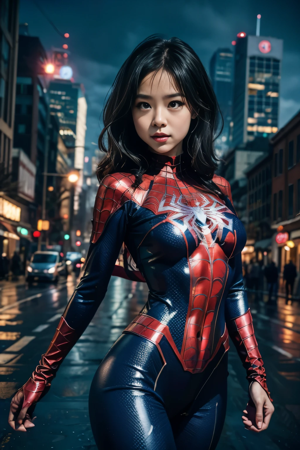 (Wearing Spider-Woman_cosplay_outfit:1.1), In front of the sky, 
calligraphy,4K, high resolution, masterpiece, best quality, head:1.3,((Hasselblad Photos)), Fine-grained skin, sharp focus, (movie lights), night, soft lighting, dynamic angle, [:(detailed face:1.2):0.2], medium chest, out,