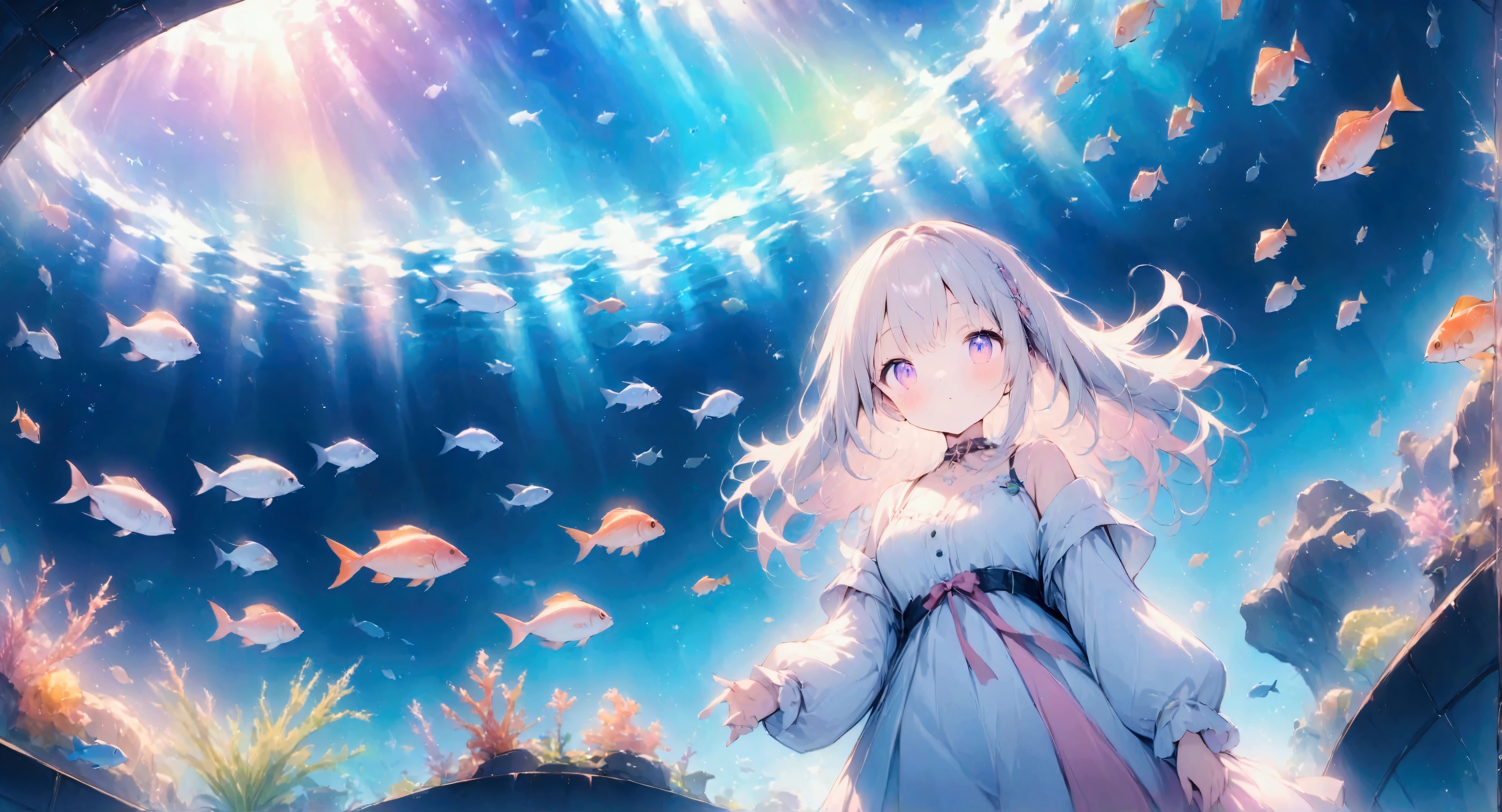 Anime Style、high resolution,((masterpiece:1.2)),aquarium、Aquarium with light streaming in、Beautiful fish、Girl looking at、cute,Wide-angle lens,Unrealistic colors、Rainbow colors