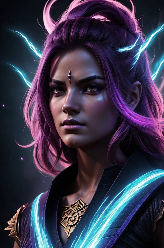 "Create an illustrated portrait of a video game character with godly abilities. The character should have an ethereal, otherworldly presence, exuding immense power. Their facial features should be obscured or not visible, adding to the mystique and divine nature. Use a mix of vibrant and dark colors to convey the character's aura and strength."