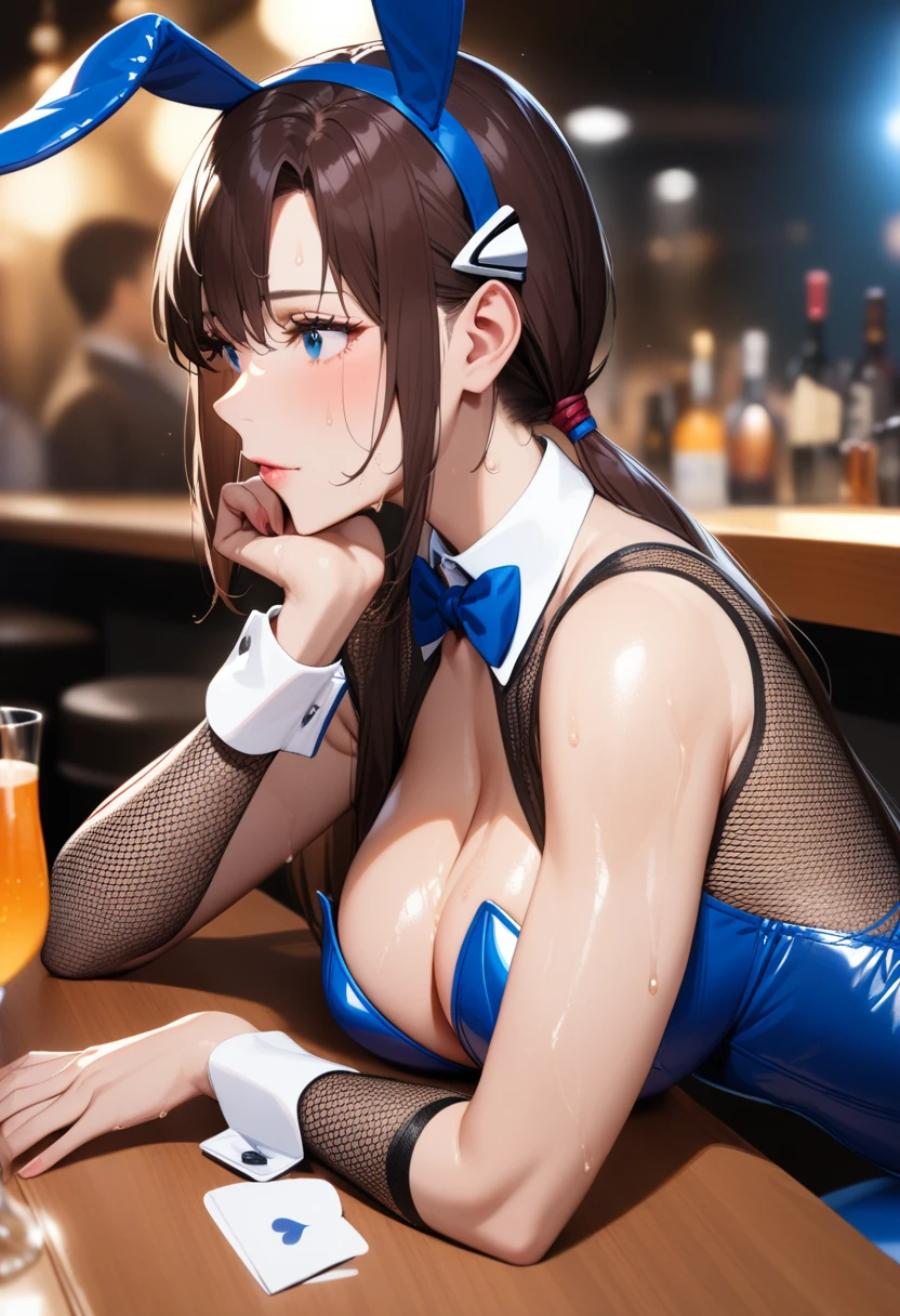 1girl,solo,super detailed skin,shiny skin,wet oily skin,makinami mari illustrious, neon genesis evangelion ,natural face,long hair ,eyelashes,lips gloss,large breasts,beautifully shaped breasts,body suit,playboy bunny,rabbit ears,fishnet,bowtie, wrist cuffs, sitting,head rest,breasts on table,from side,night bar,masterpiece,best quality,ultra detailed,high resolution,sharp focus,depth of field