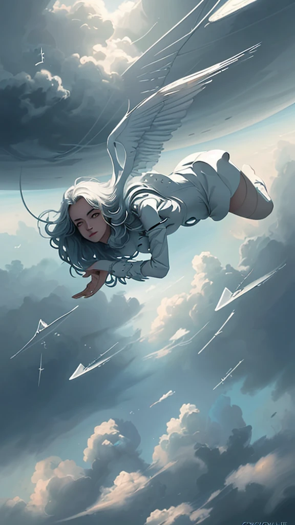 Close-up of a person flying through a cloudy sky, Concept art inspired by Cyril Rolland, Trending on CGSociety, surrealism, Floating in the sky, Floating in the sky, She's getting closer to heaven, Beep and james jean, Cyril Rolland style, realism | Beep, Beep daily art, Girl Cloud