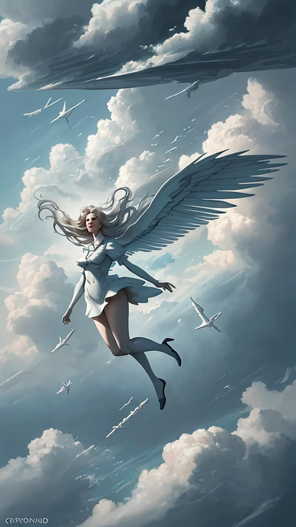 Close-up of a person flying through a cloudy sky, Concept art inspired by Cyril Rolland, Trending on CGSociety, surrealism, Floating in the sky, Floating in the sky, She&#39;s getting closer to heaven, Beep and james jean, Cyril Rolland style, realism | Beep, Beep daily art, Girl Cloud