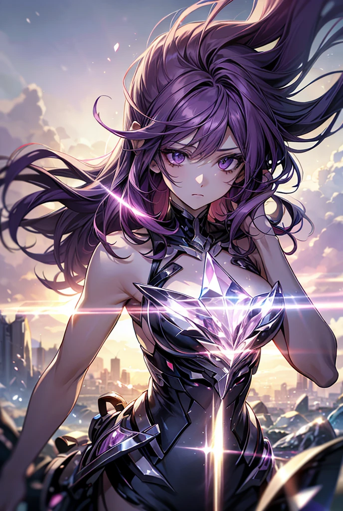 purple hair, shiny hair, crystal hair, Surrealism, anime, backlighting, 8k, super detail, UHD, retina, accurate, anatomically correct, textured skin, super detail, high details, high quality, award winning, best quality, highres
"Create an AI-generated image of a girl with purple hair, evoking destruction and regeneration. Set the background to represent a world of black and white."