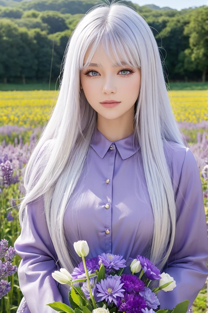 Beautiful white woman, silver hair, long hair, purple eyes, dressed up, flower field in the background