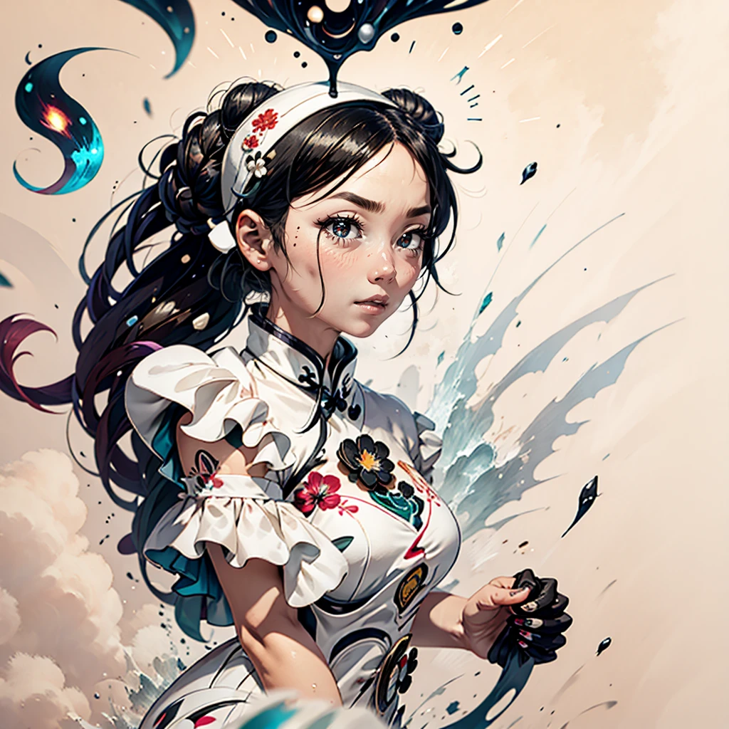 Girl, white qipao, black hair, bun 
