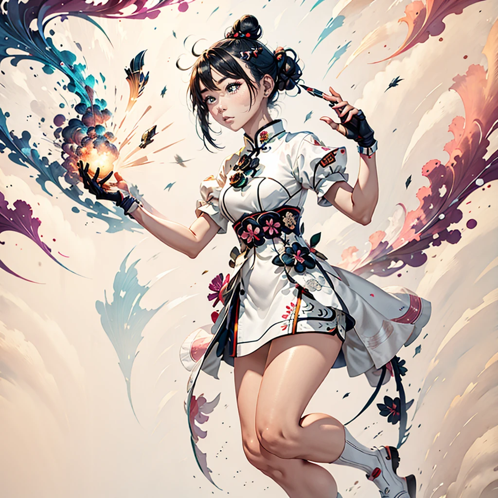 Girl, white qipao, black hair, bun